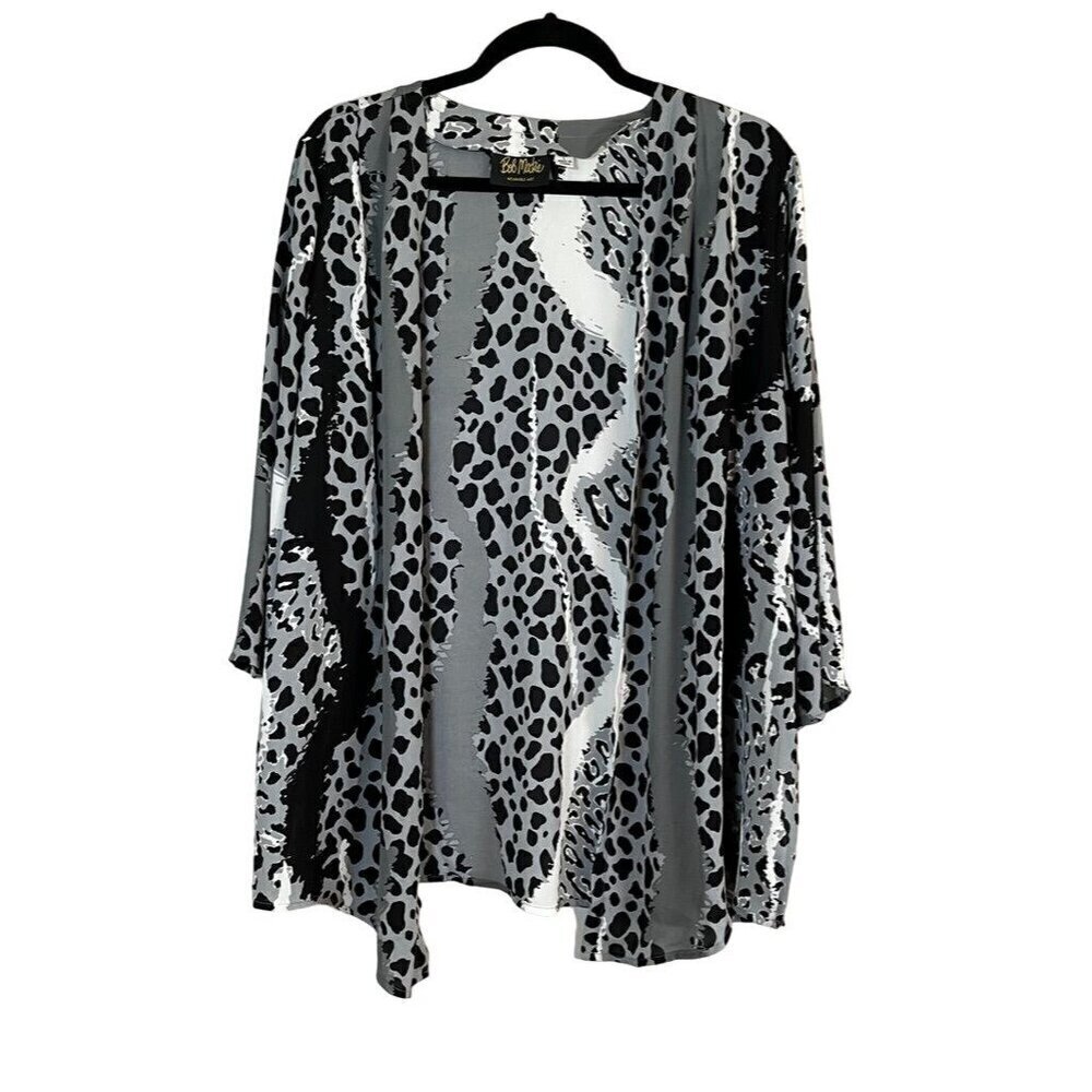 Bob Mackie‎ Animal Print Top L Black Cardigan Neutral Safari Office Safari Chic